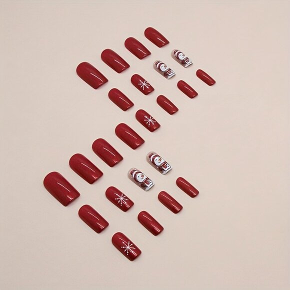24pcs Glossy Medium Square Fake Nails, Aurora Red Press On Nails With Snowflake - Picture 4 of 8